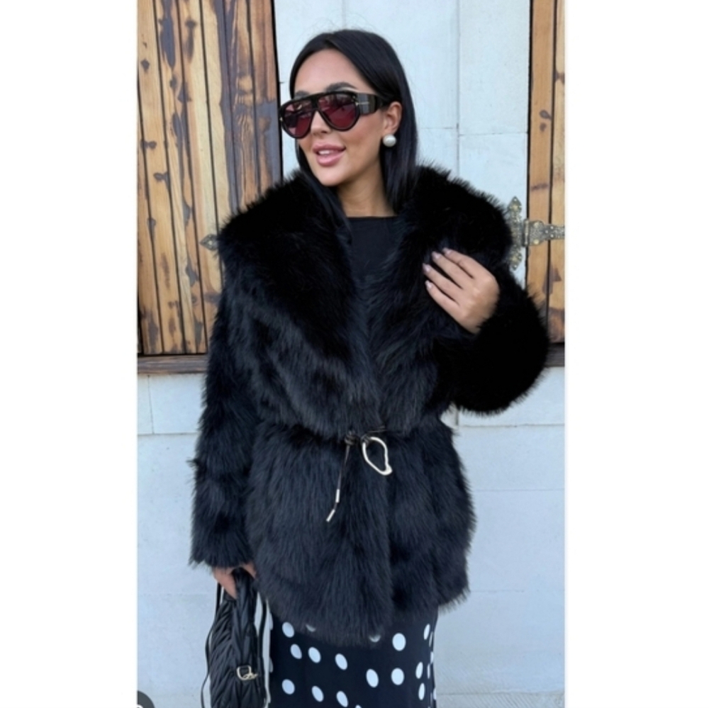 Zara FAUX FUR COAT WITH BELT BLACK - Picture 8 of 16